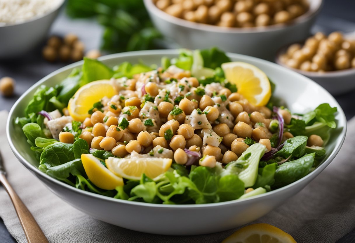 Uma tigela de salada saudável de grão-de-bico e atum sendo regada com molho de limão