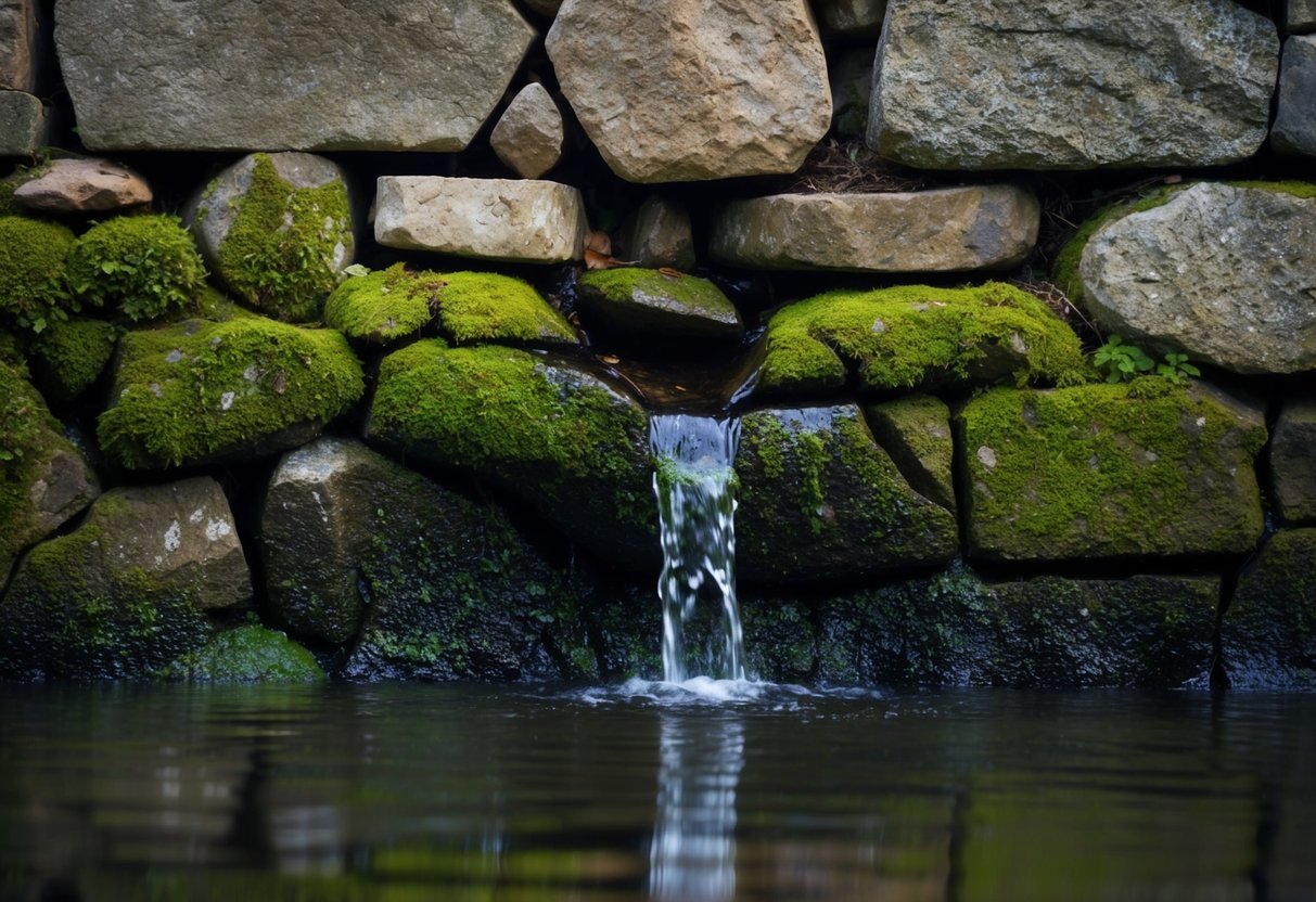 Water seeps through cracked, moss-covered stone wall