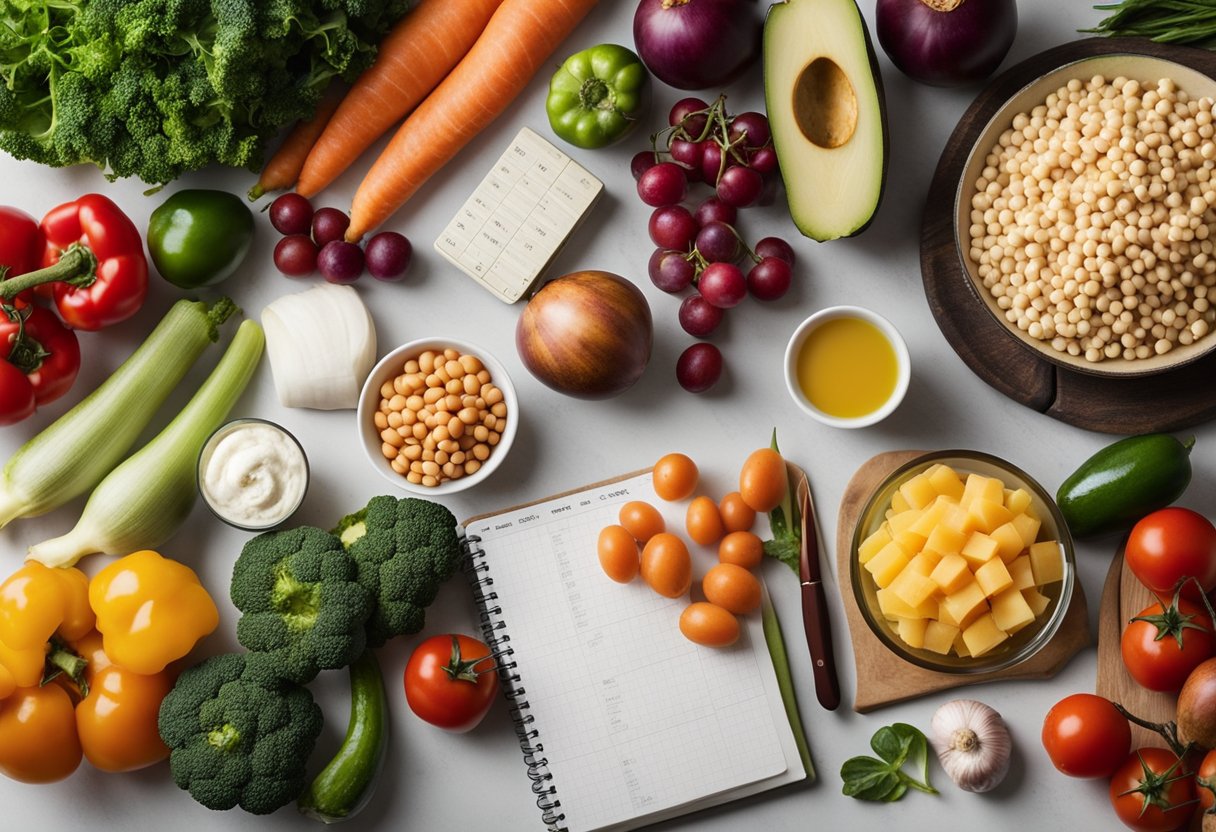 Uma variedade colorida de vegetais frescos, proteínas magras e gorduras saudáveis espalhadas sobre uma bancada de cozinha, com um caderno e uma caneta por perto para o planejamento das refeições.