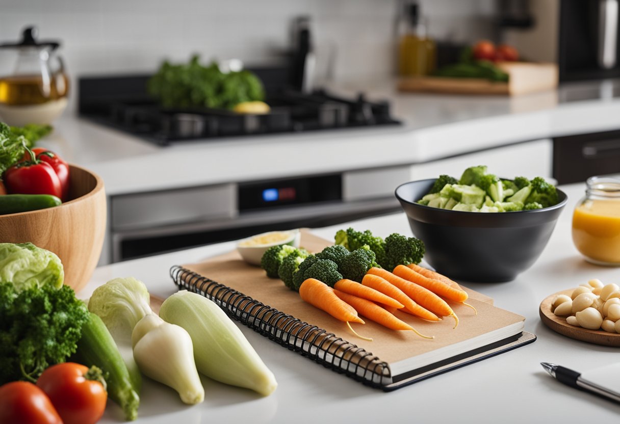 Uma bancada de cozinha com uma variedade de vegetais frescos, proteínas magras e gorduras saudáveis espalhadas, junto com um caderno e uma caneta para planejamento de refeições.