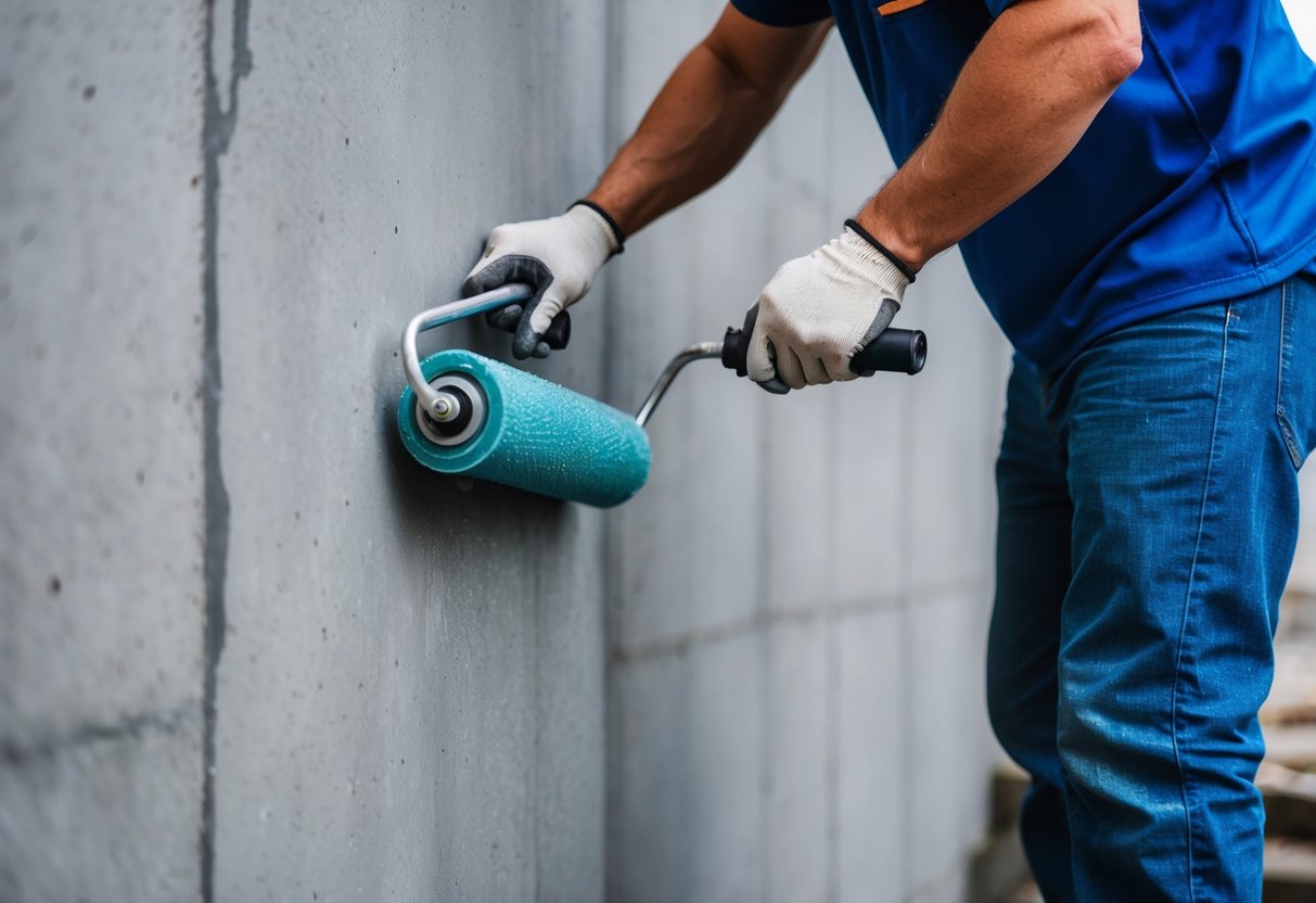 A worker applies a waterproofing sealant to a concrete wall, using a roller to ensure even coverage