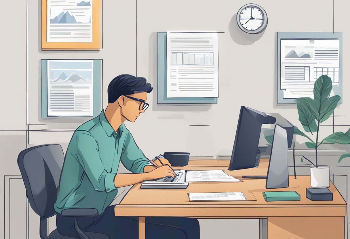 A person sitting at a desk, filling out forms with a computer and documents nearby. A Canadian flag hangs on the wall