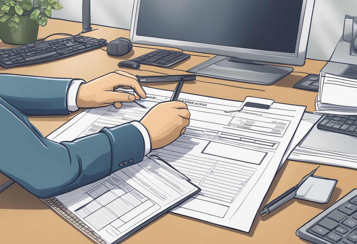 A person filling out application forms for the Canada Disability Savings Bond at a desk with a computer and paperwork