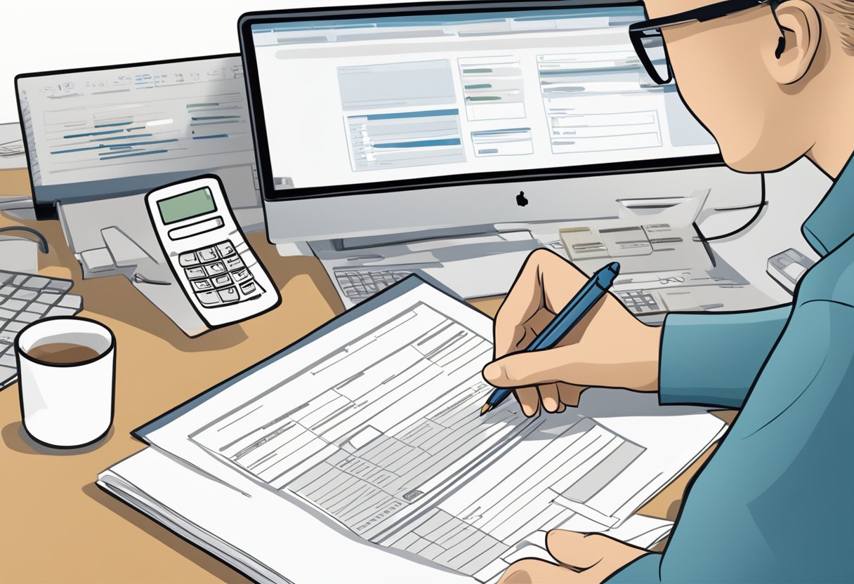 A person with a disability filling out paperwork for the Canada Disability Savings Bond, with a computer, forms, and a pen on a desk