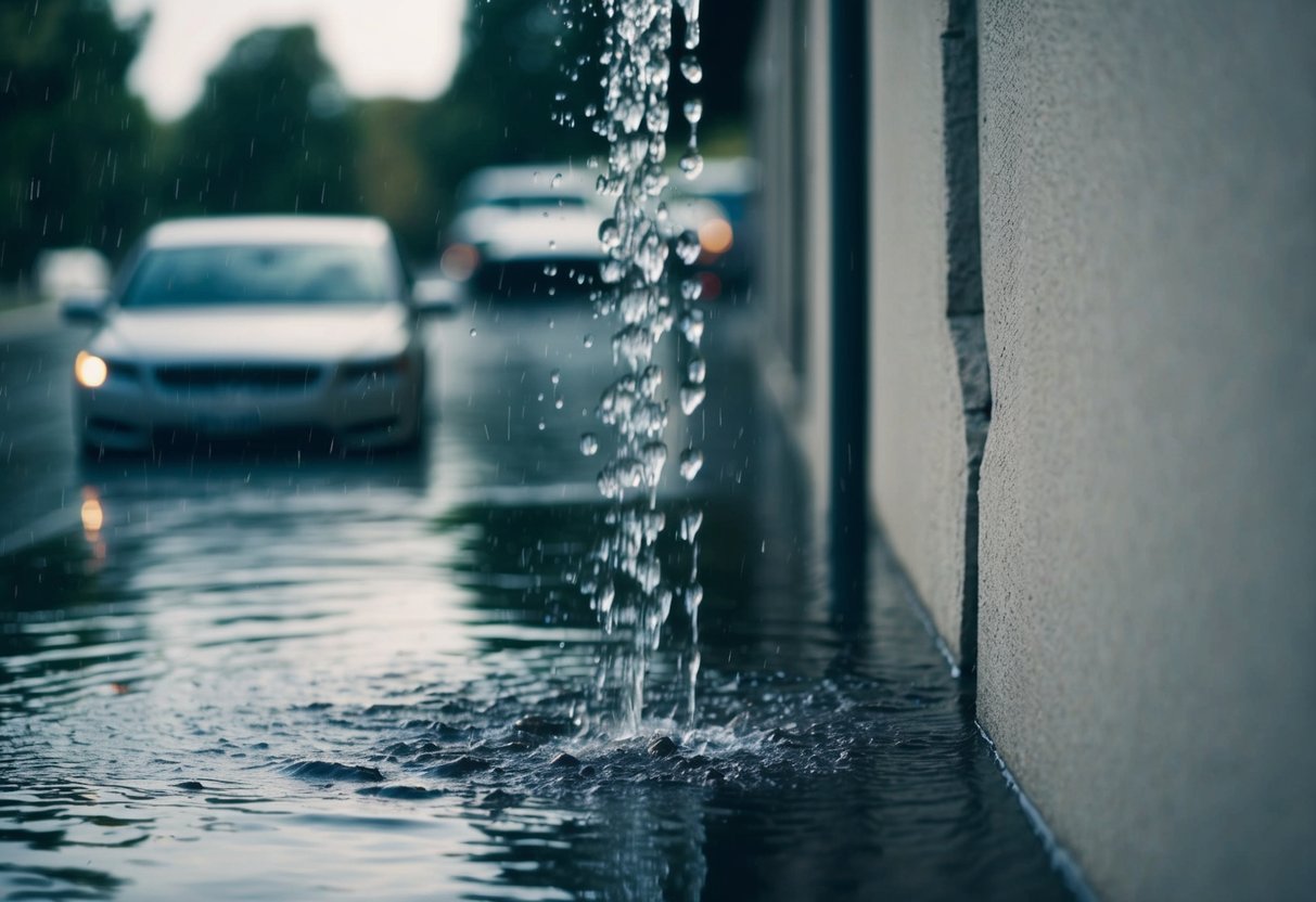 Rain pours through a crack in the wall, creating a steady stream of water cascading down the surface