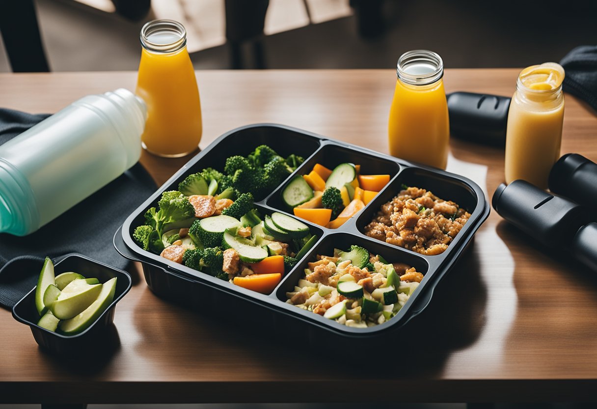 Uma mesa com recipientes de preparação de refeições saudáveis, uma garrafa de água e equipamentos de treino dispostos para uma sessão de treino à noite.