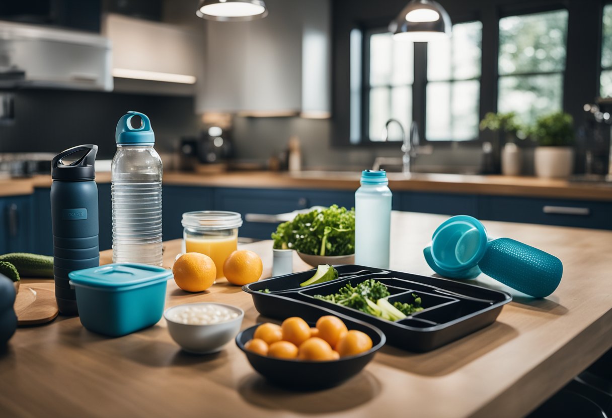 Uma bancada de cozinha bem iluminada com um recipiente de preparação de refeições, garrafa de água e equipamentos de treino dispostos, prontos para uma sessão de treinamento à noite.