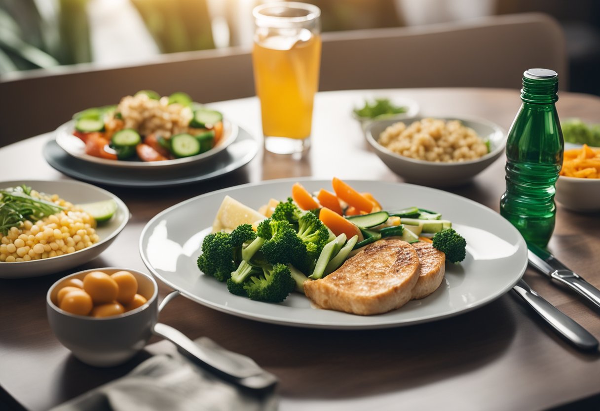 Uma mesa posta com uma refeição equilibrada, incluindo proteína magra, carboidratos complexos e vegetais, com uma garrafa de água por perto. A cena é iluminada por uma suave luz da noite.