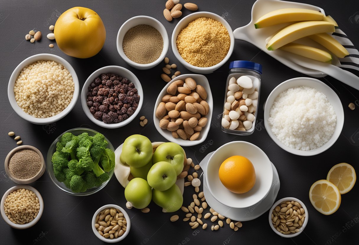 Um plano de dieta equilibrada de um atleta disposto em uma mesa, com uma variedade de alimentos saudáveis e suplementos, ao lado de um cronograma de treino