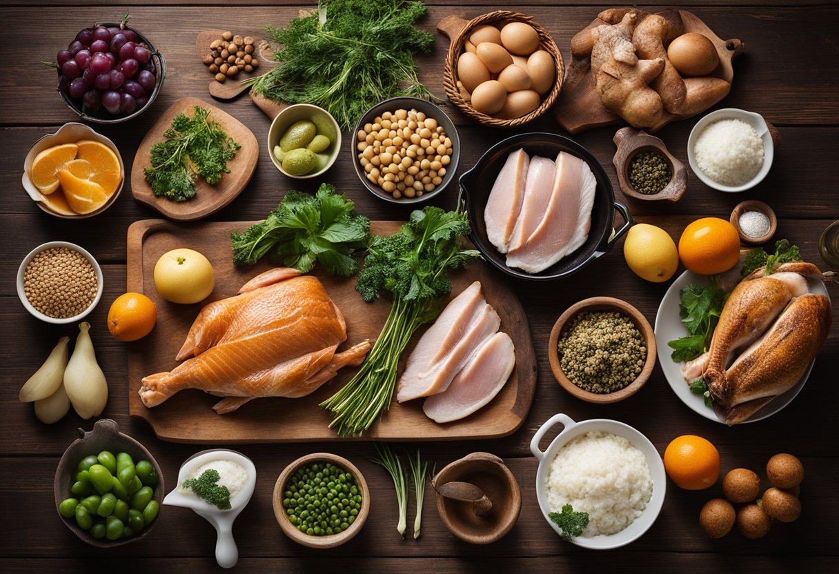 A variety of fresh ingredients laid out on a wooden table, including duck, turkey, and trout, alongside pots and pans