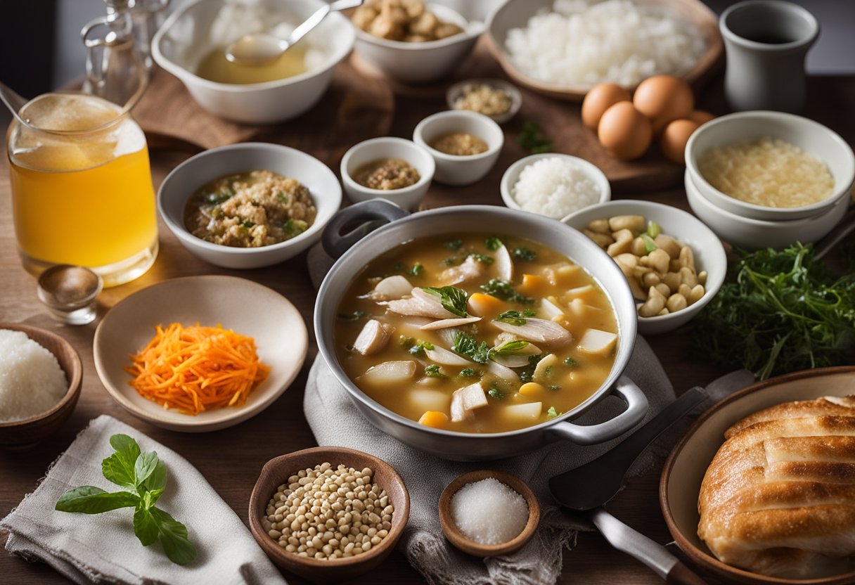 A kitchen counter with various ingredients and cooking utensils for duck soup, cajun turkey, turkey broth, turkey hash, and speckled trout