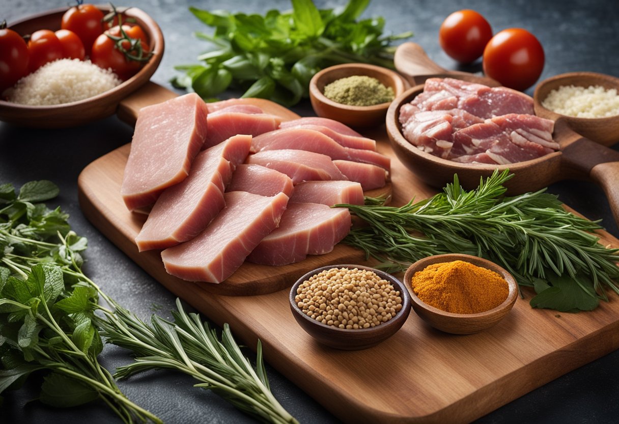 A spread of ingredients including herbs, spices, and various meats arranged on a wooden cutting board