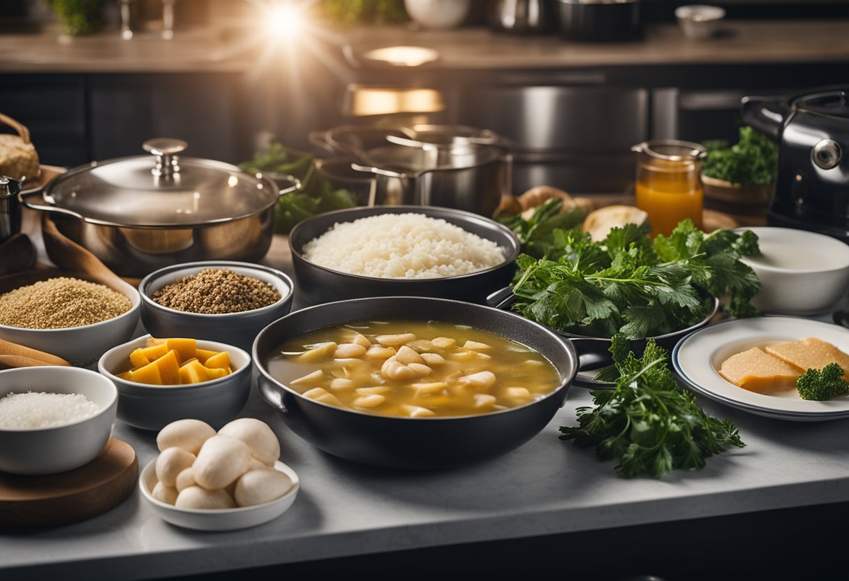 A kitchen counter with various ingredients and cooking utensils for preparing duck soup, cajun turkey, turkey broth, turkey hash, and speckled trout
