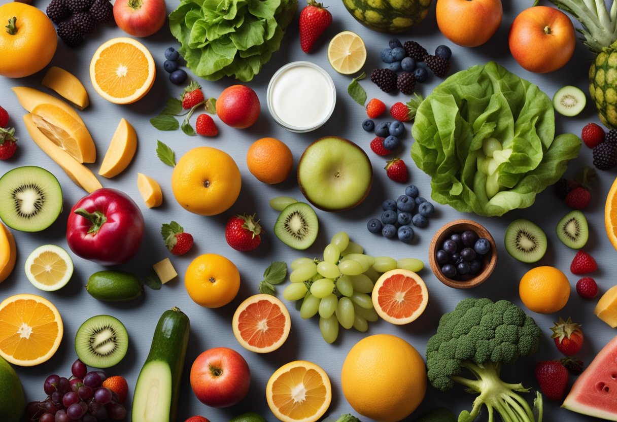 A variety of colorful fruits and vegetables arranged on a table, with a bottle of vitamins and a skincare product in the background