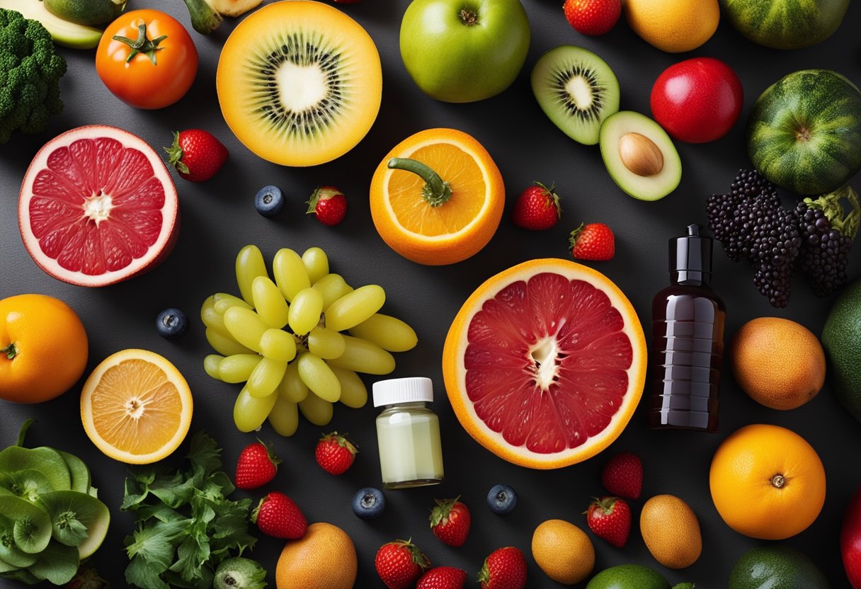 A variety of colorful fruits and vegetables arranged on a table, with a bottle of vitamins and a skincare product nearby