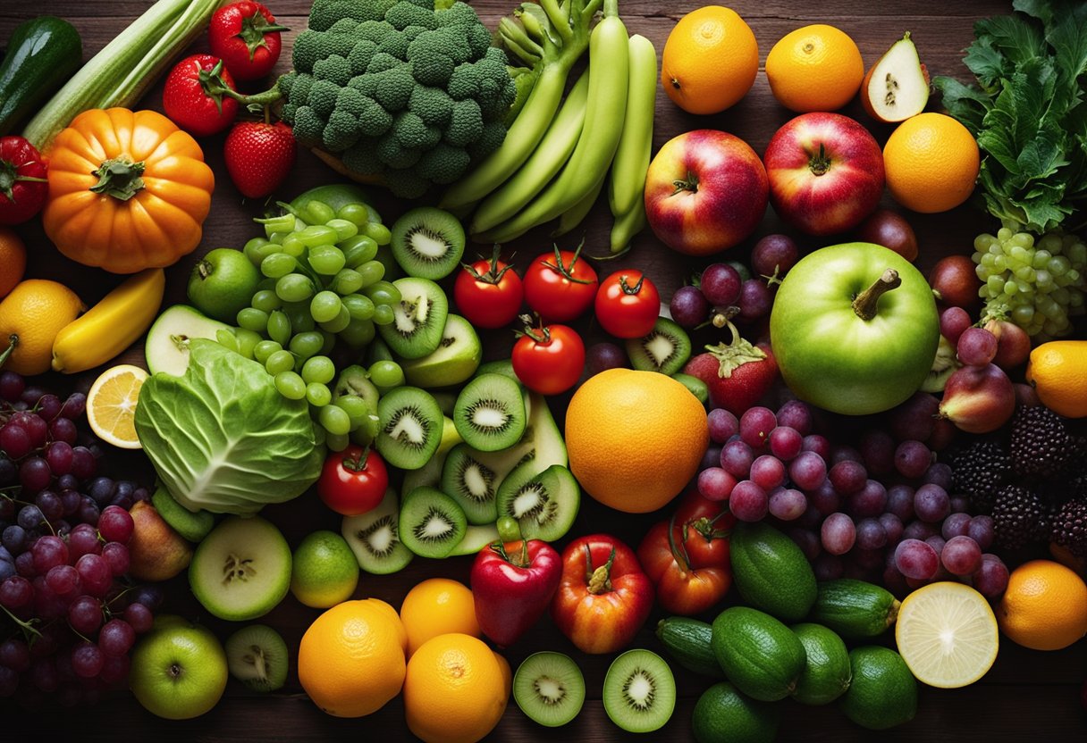 A variety of colorful fruits and vegetables arranged on a table, with sunlight streaming in to highlight their vibrant hues