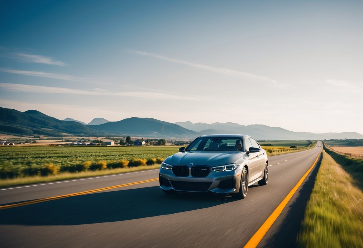 Un'auto che percorre una strada ampia e aperta attraverso la campagna americana, passando accanto a campi, montagne e piccoli paesi.