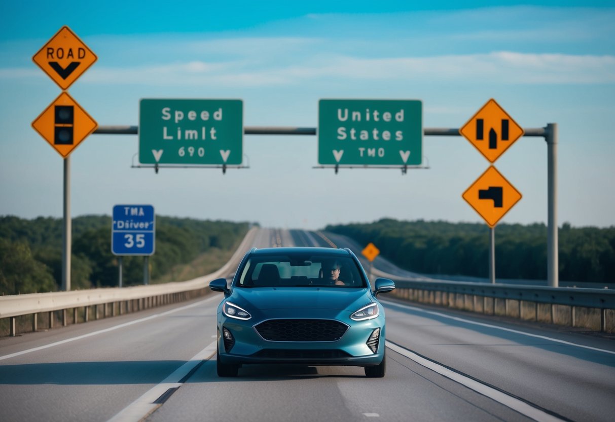 Un'auto che percorre un'autostrada con segnali stradali che mostrano limiti di velocità, segnali di traffico e una mappa degli Stati Uniti