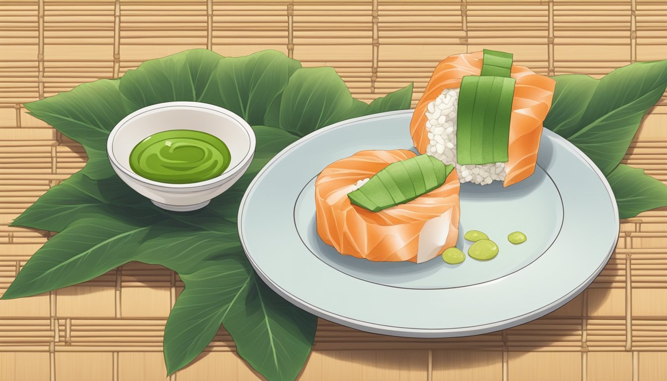 A plate with a freshly made Alaska roll, surrounded by pickled ginger and wasabi, on a bamboo mat