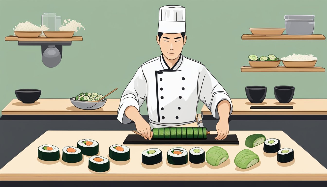 A sushi chef prepares an Alaska roll, laying out nori, rice, salmon, avocado, and cucumber, then rolling and slicing the finished product