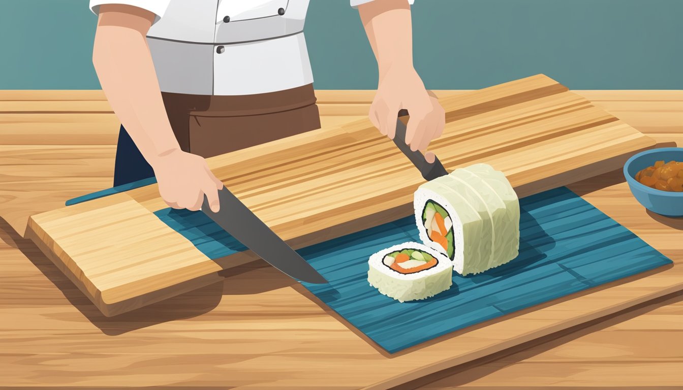 A chef preparing an Alaska roll using a bamboo sushi rolling mat and a sharp knife on a clean, wooden cutting board