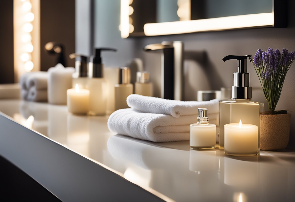 A bathroom counter with various skincare products arranged neatly, a soft towel, and a glowing light to create a serene and inviting atmosphere