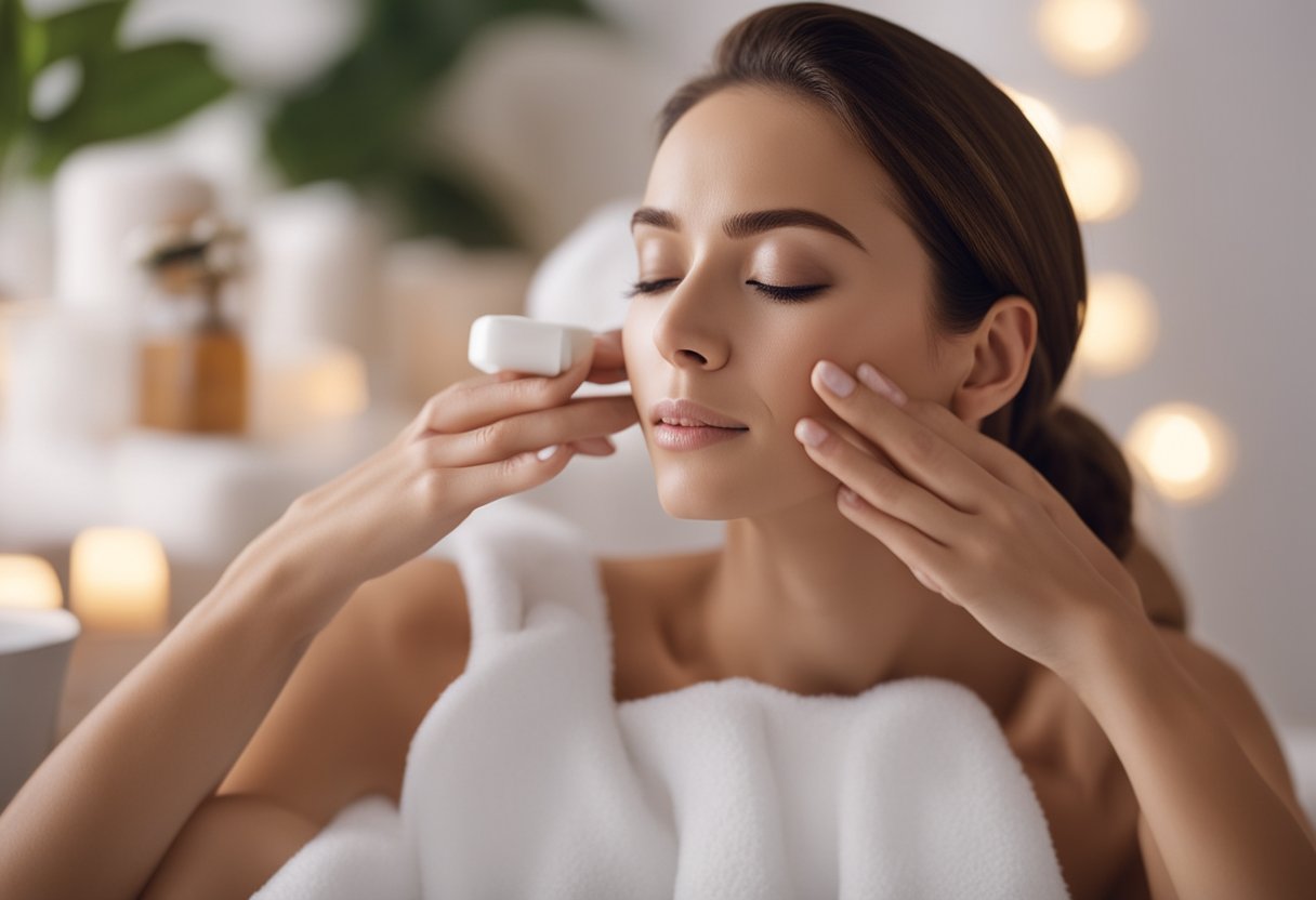 A serene scene of a person's face being gently pampered with soothing skin care products to calm and soothe their rosacea-affected skin