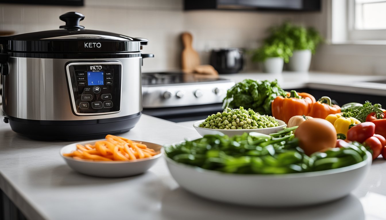 A kitchen counter with various fresh vegetables, a slow cooker, and recipe books open to keto recipes