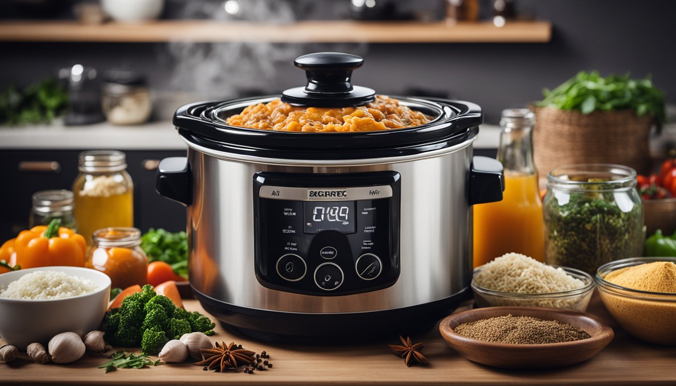 A slow cooker surrounded by various keto ingredients and spices, emitting a tantalizing aroma