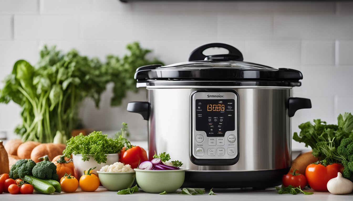 A slow cooker surrounded by fresh vegetables and herbs, with keto-friendly comfort food simmering inside