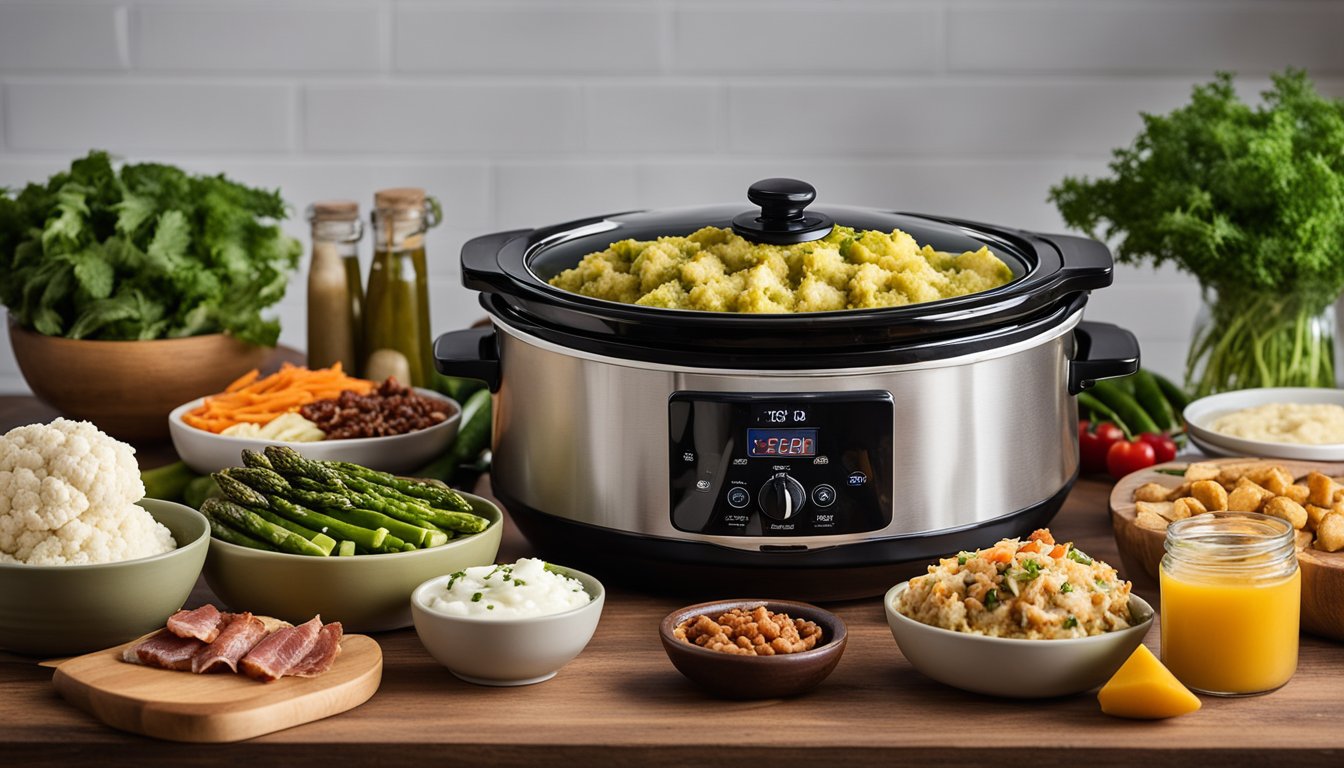 A slow cooker surrounded by an assortment of keto-friendly side dishes and snacks, such as cauliflower mash, bacon-wrapped asparagus, and zucchini chips