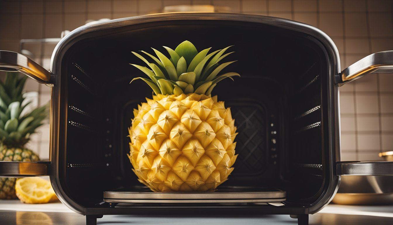 A pineapple casserole baking in a vintage oven, emitting a golden glow and a sweet, tropical aroma