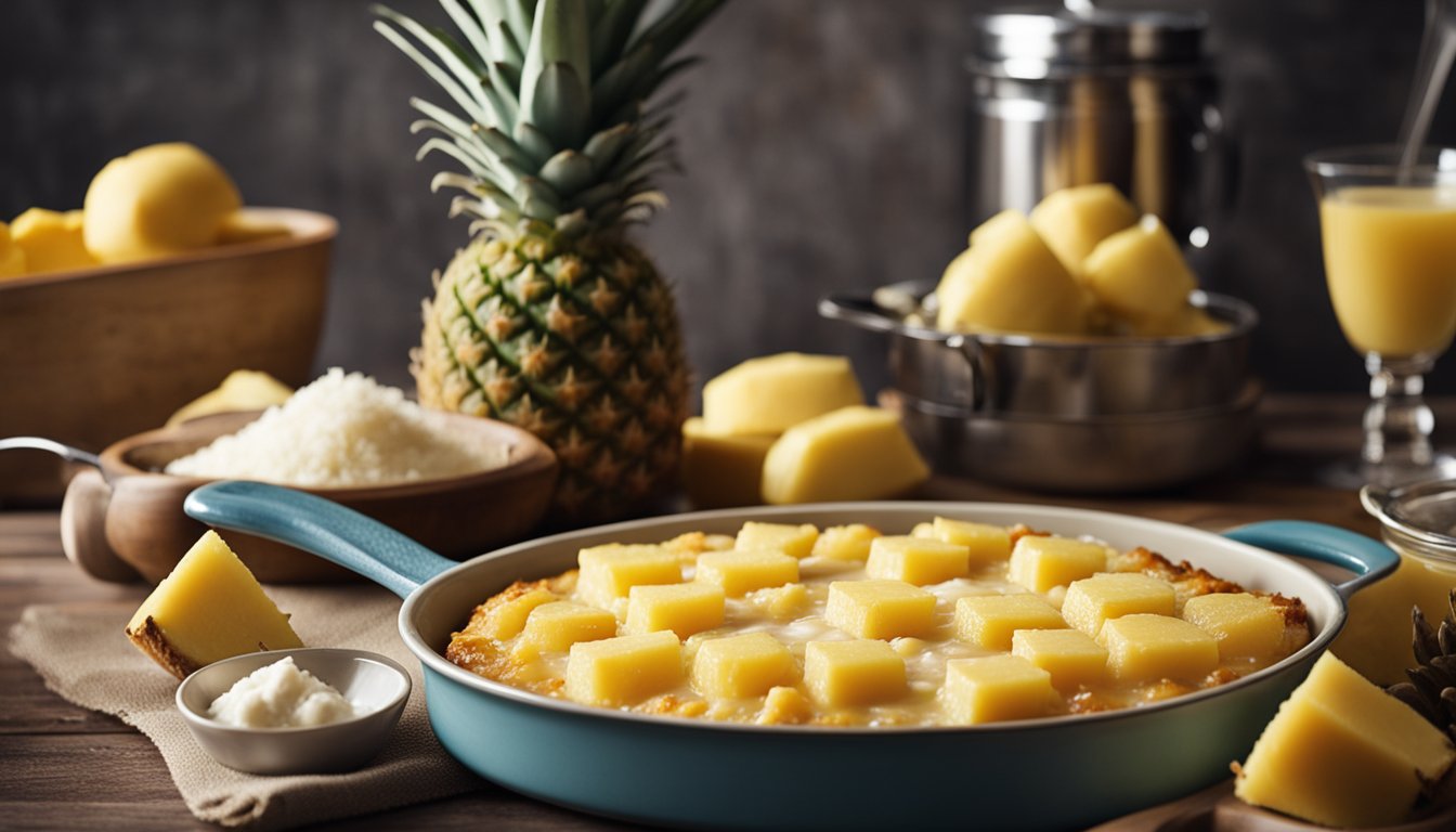 A rustic kitchen with a bubbling pineapple casserole in a vintage baking dish, surrounded by ingredients like canned pineapple, sugar, and butter