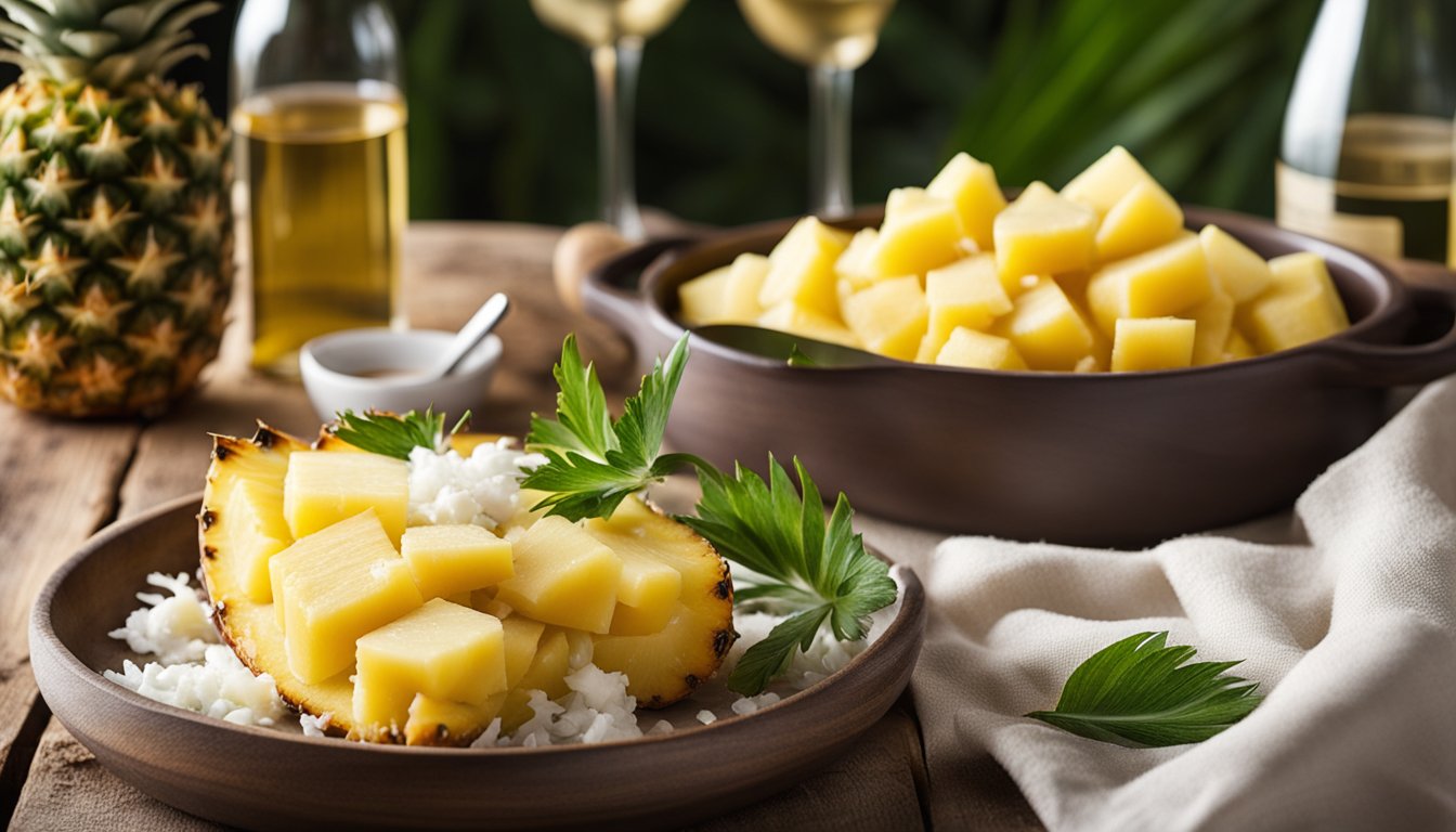 A pineapple casserole sits on a rustic wooden table, surrounded by fresh pineapple slices, coconut flakes, and a bottle of white wine