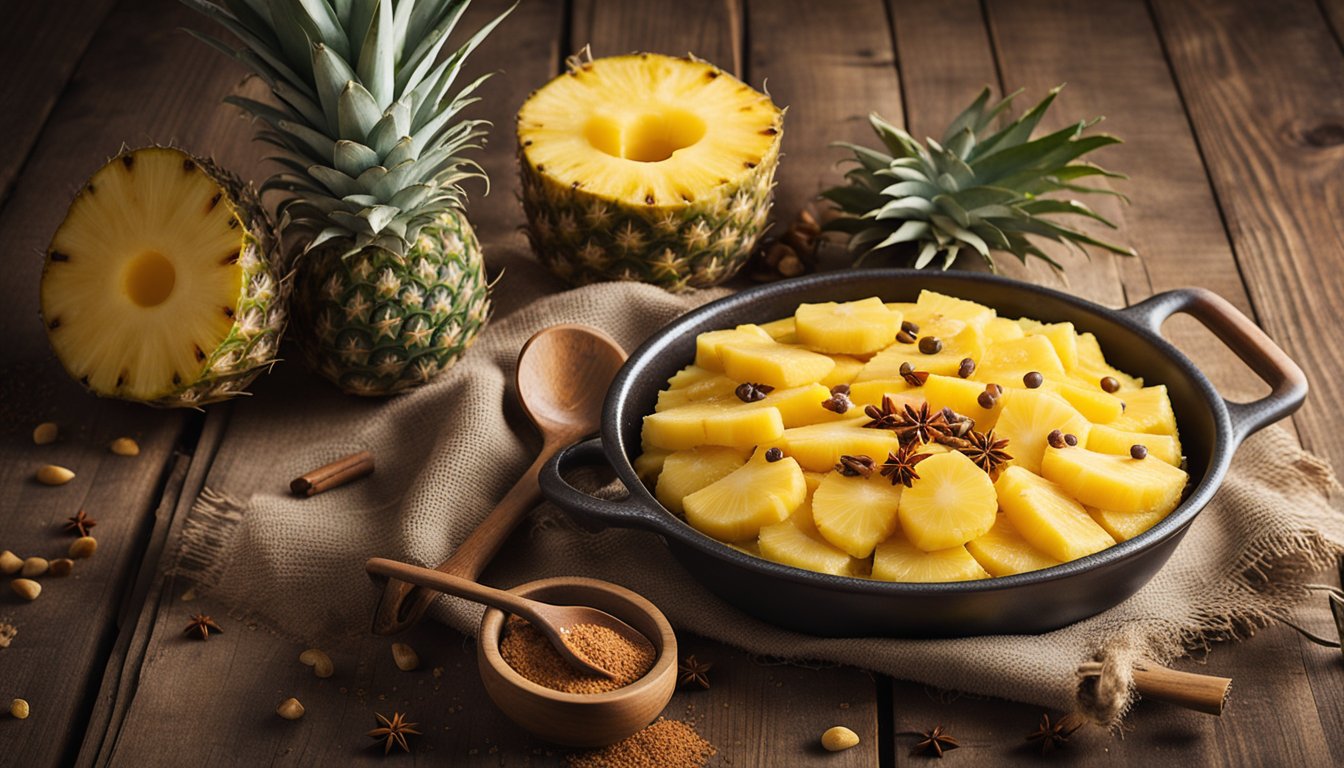 A pineapple casserole surrounded by fresh pineapple slices and topped with a sprinkle of cinnamon, sitting on a rustic wooden table