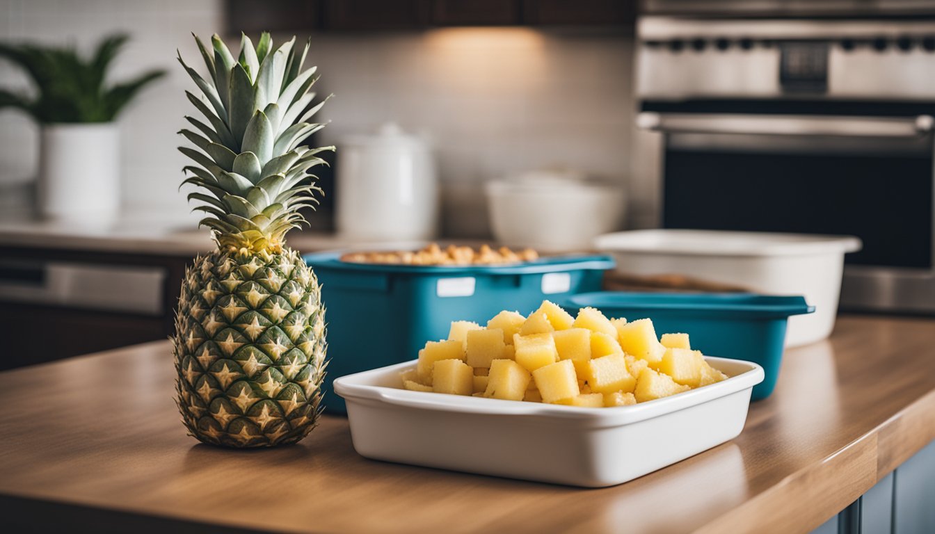 A pineapple casserole sits on a kitchen counter next to a stack of storage containers filled with leftovers