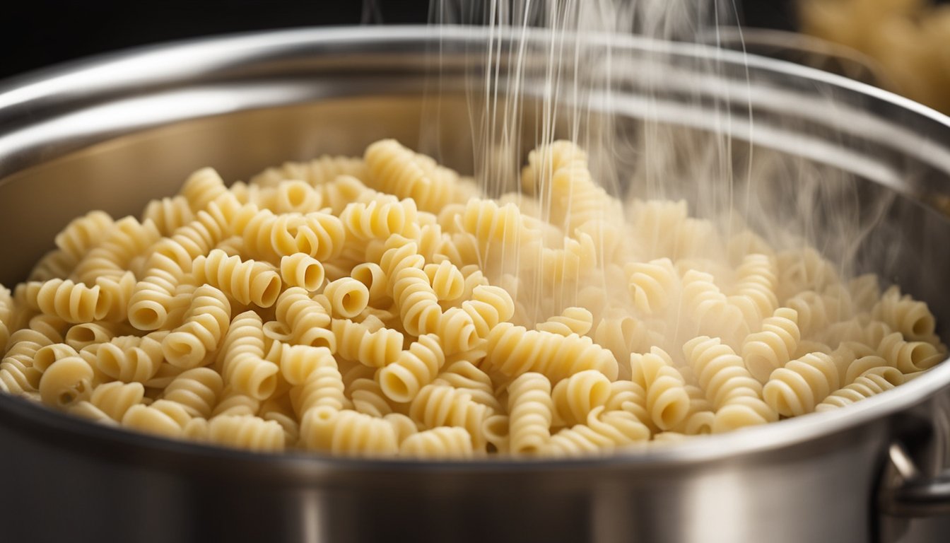 A pot of ditalini pasta boiling in water, steam rising