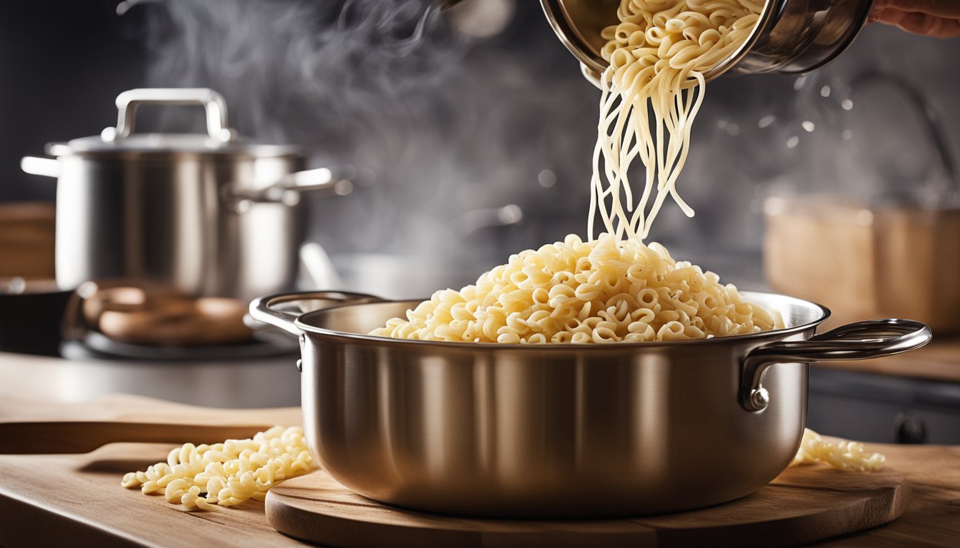 A traditional Italian kitchen with a pot of boiling water and a handful of ditalini pasta being poured into the pot