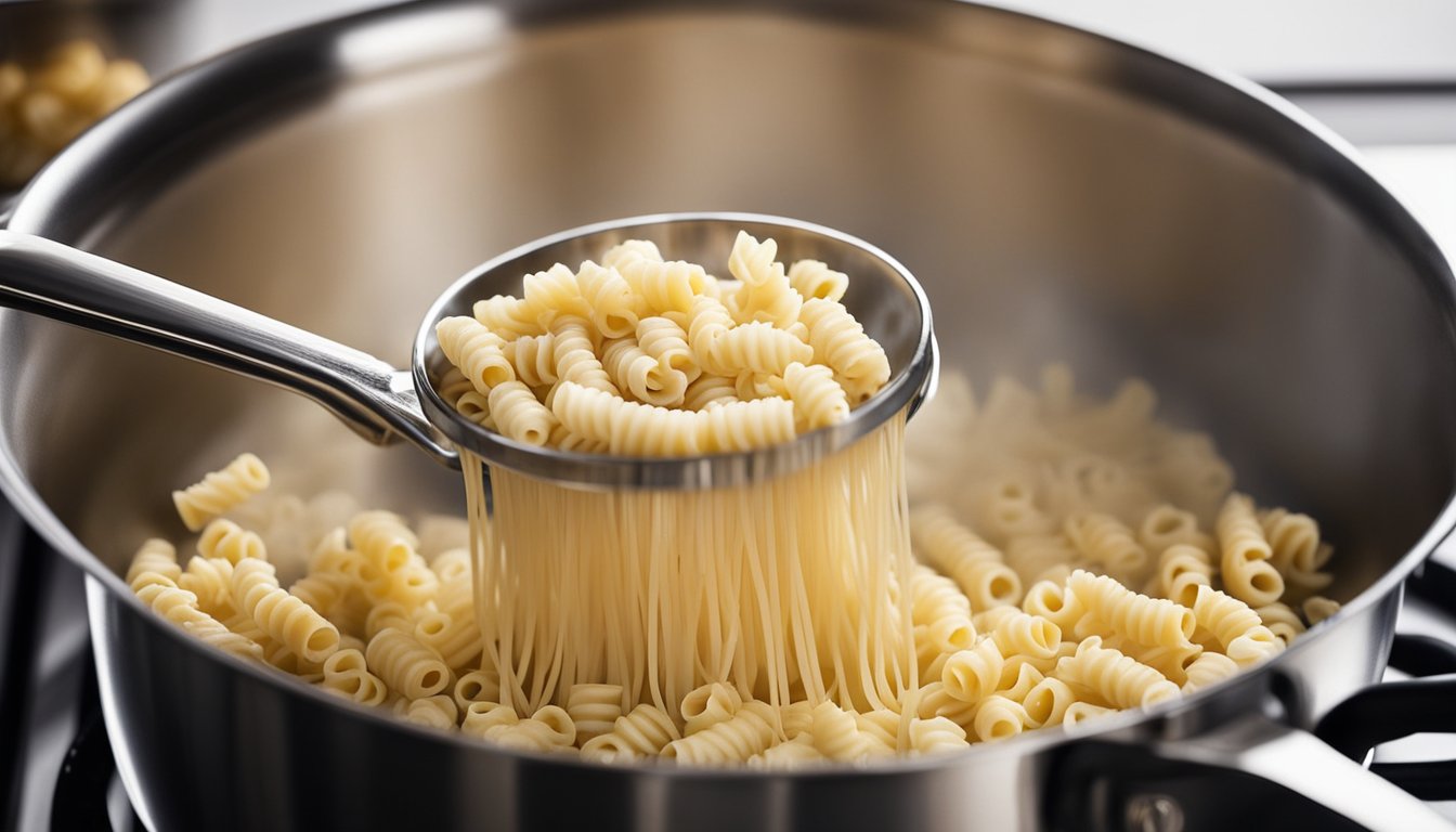 Ditalini pasta being stirred in boiling water in a stainless steel pot on a gas stove