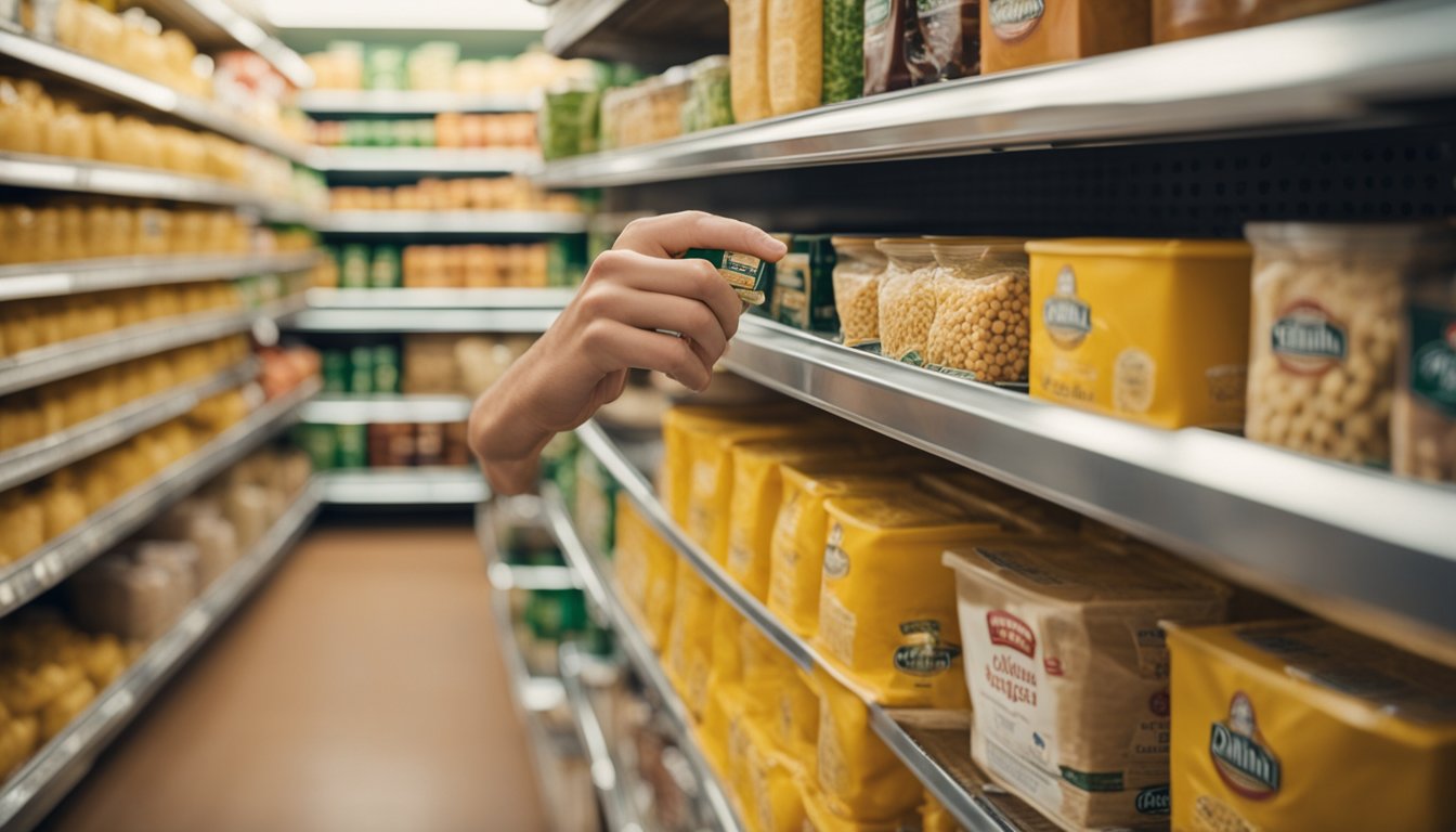 A hand reaching for a bag of ditalini pasta on a shelf in a well-stocked pantry