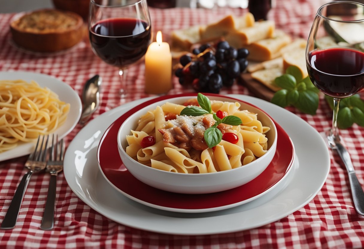 Uma mesa de jantar italiana aconchegante, decorada com toalha de mesa xadrez vermelha, velas tremulantes e uma variedade de massas, vinho e antipasti.