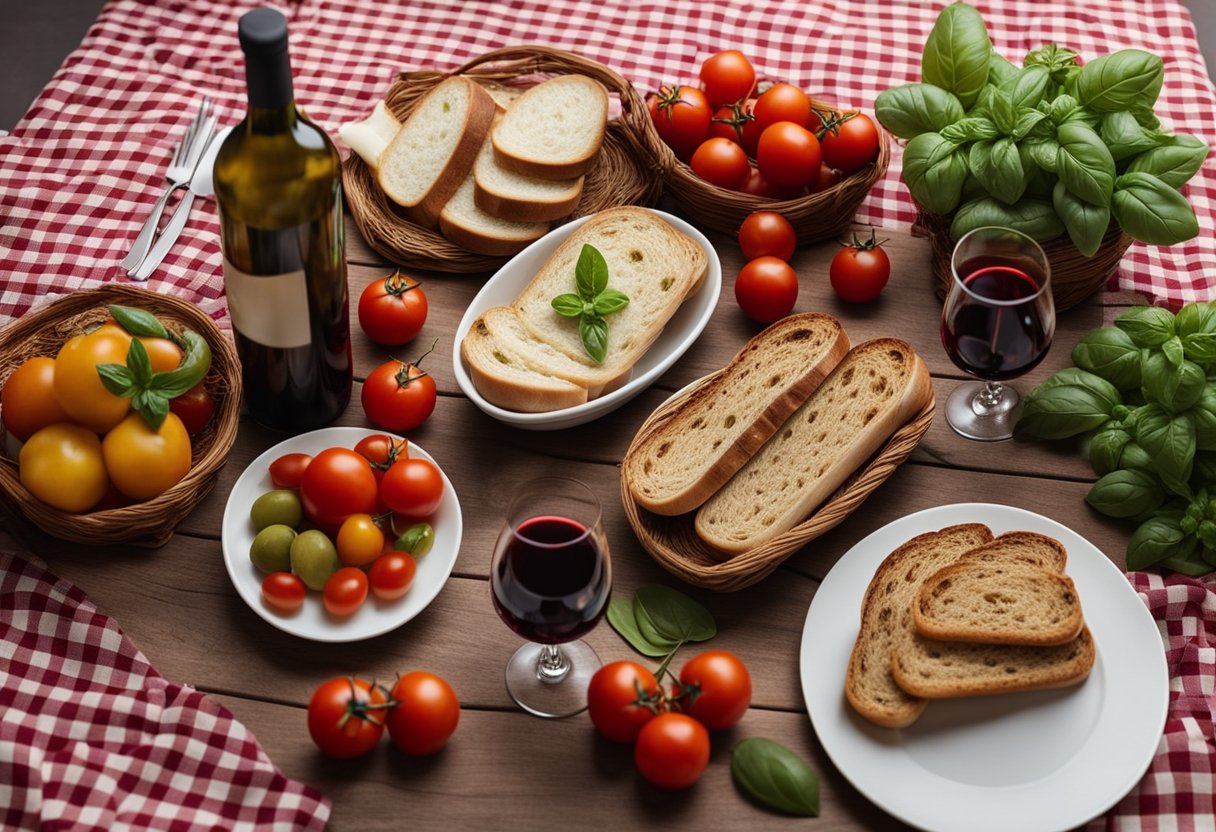 Uma mesa de jantar rústica com toalha de mesa xadrez vermelha, adornada com taças de vinho, cestas de pão e ingredientes frescos como tomates, manjericão e azeite.