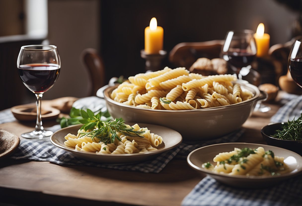 Uma mesa de jantar italiana aconchegante, decorada com toalha xadrez, velas tremulantes e cerâmica rústica. Uma tigela fumegante de macarrão, uma garrafa de vinho tinto e ervas frescas completam a cena.