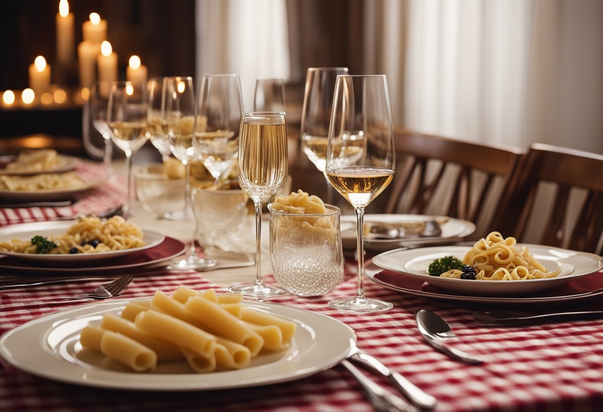 Uma mesa lindamente posta com velas, taças de vinho e uma toalha de mesa xadrez. Pratos de massa, pão e antipasto estão dispostos de forma elegante, criando uma atmosfera acolhedora e convidativa para um jantar italiano inesquecível.