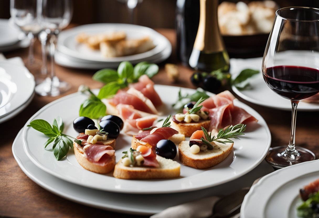 Uma mesa elegante decorada com uma variedade de aperitivos italianos, incluindo bruschetta, presunto, azeitonas e queijo, acompanhada por uma garrafa de vinho tinto e pratos e utensílios decorativos.