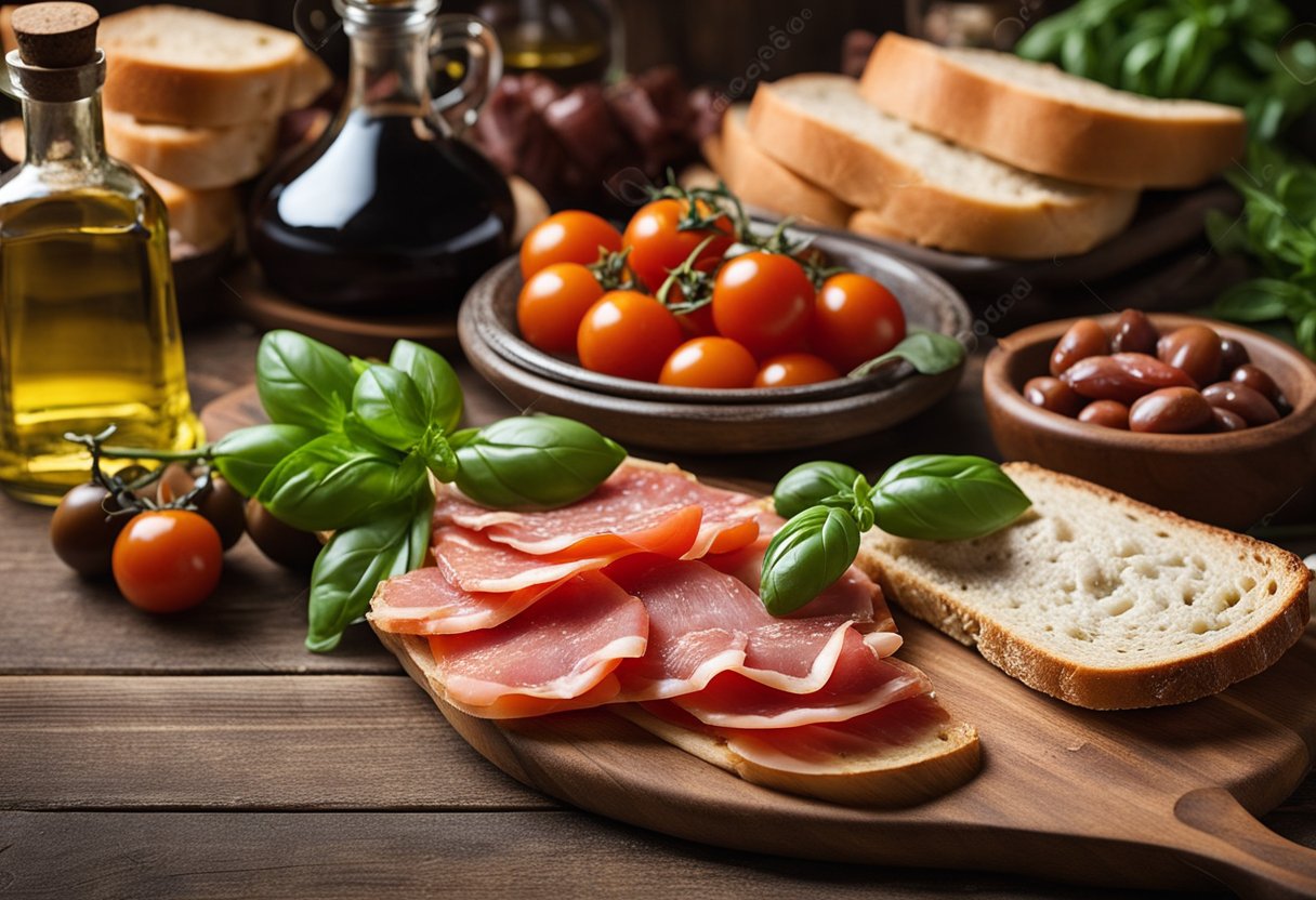 Uma mesa rústica de madeira adornada com tomates frescos, manjericão, azeitonas e carnes curadas, ao lado de uma garrafa de azeite e um pão crocante.