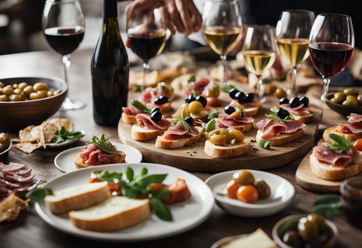 Uma mesa posta com uma variedade de aperitivos italianos, incluindo bruschetta, azeitonas e embutidos, acompanhada por taças de vinho.