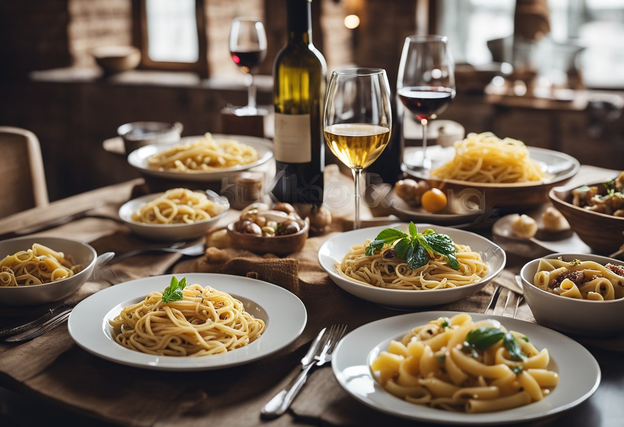 Uma mesa posta com uma variedade de pratos de massa e taças de vinho tinto e branco, cercada por uma decoração rústica italiana.