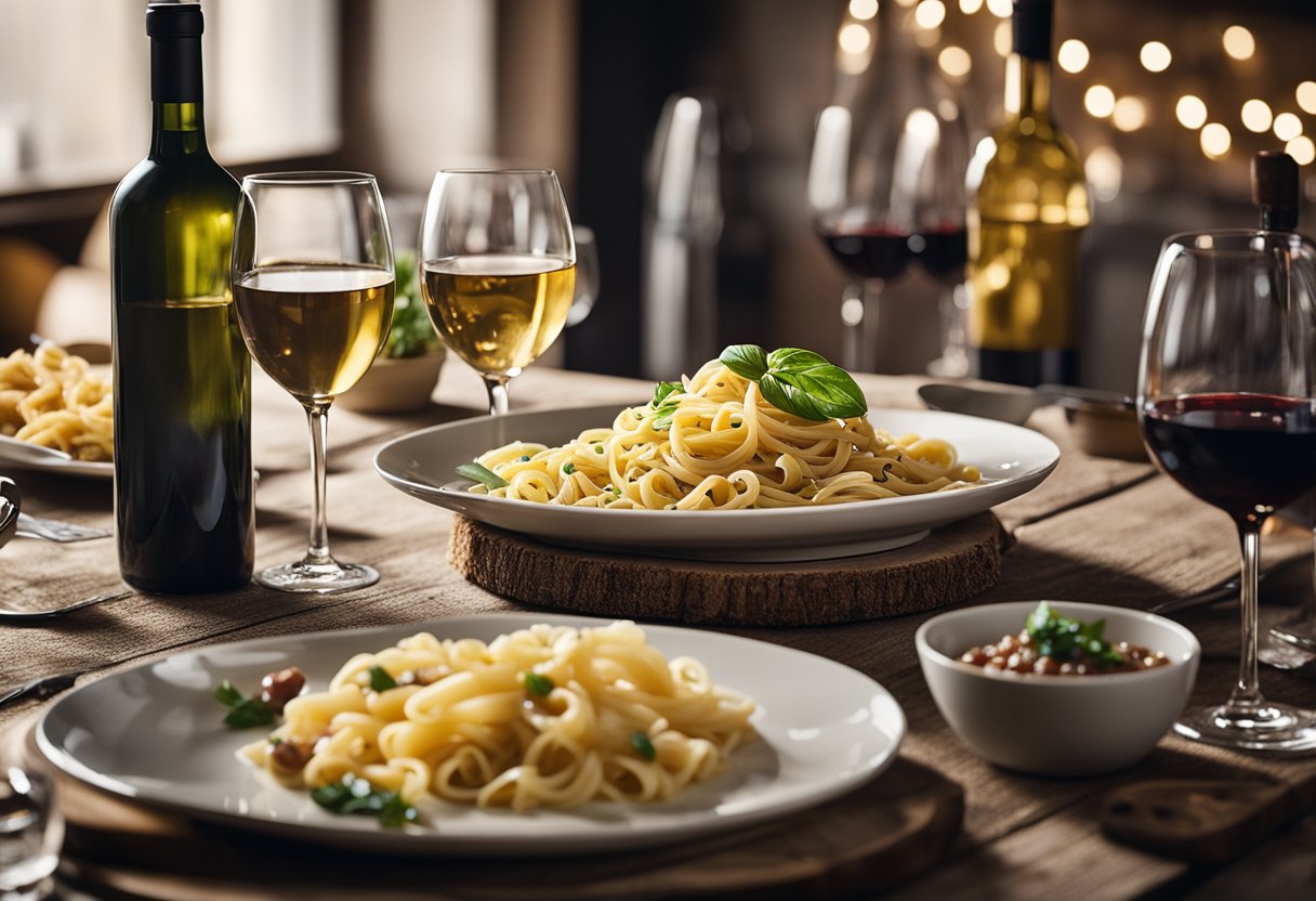 Uma mesa decorada com uma variedade de pratos de massa ao lado de garrafas de vinho tinto e branco, cercada por uma decoração rústica italiana.