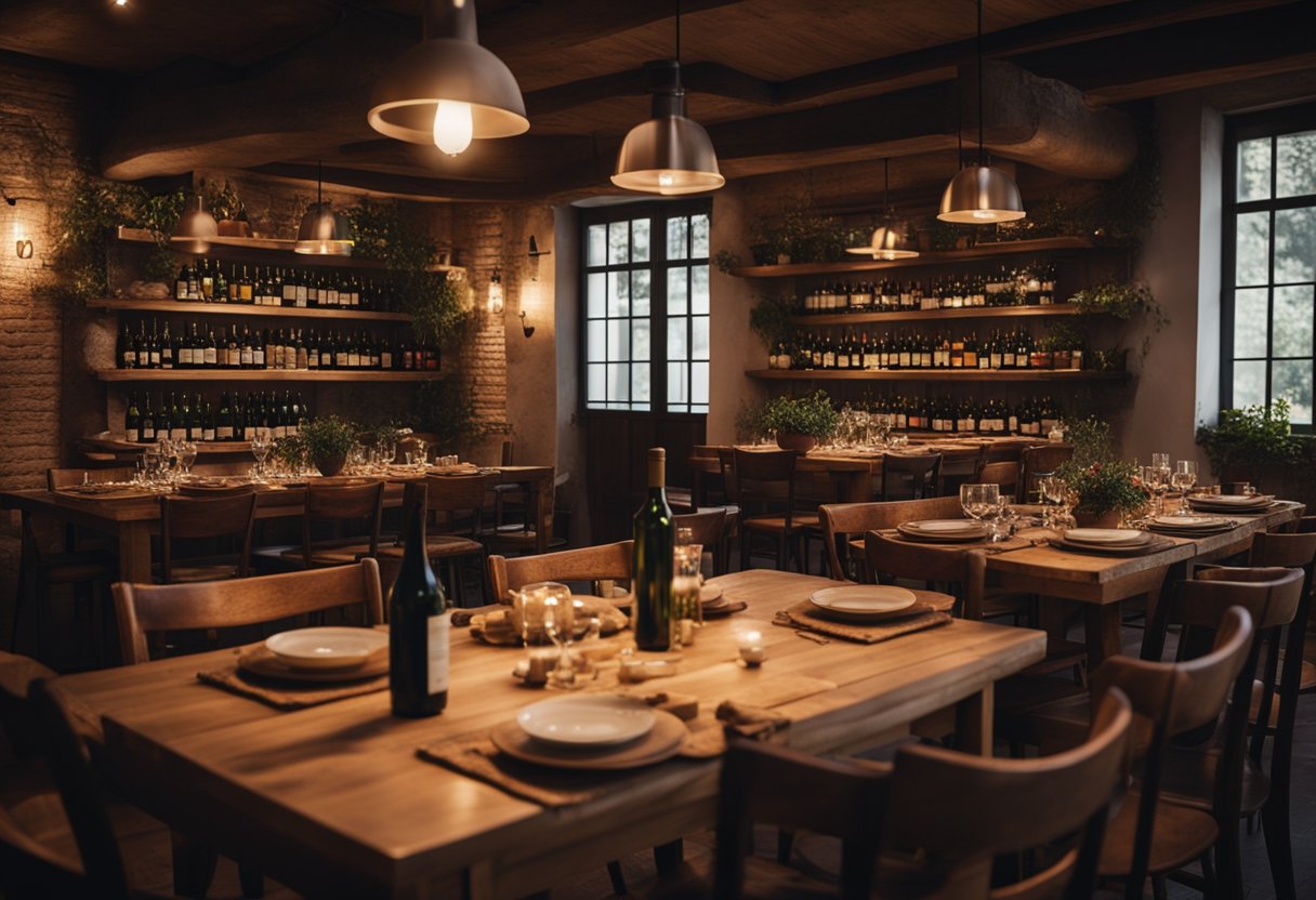 Uma sala de jantar aconchegante e com iluminação suave, com mesas de madeira rústica, toalhas de mesa xadrez e prateleiras repletas de garrafas de vinho. O aroma de alho e tomates preenche o ar.